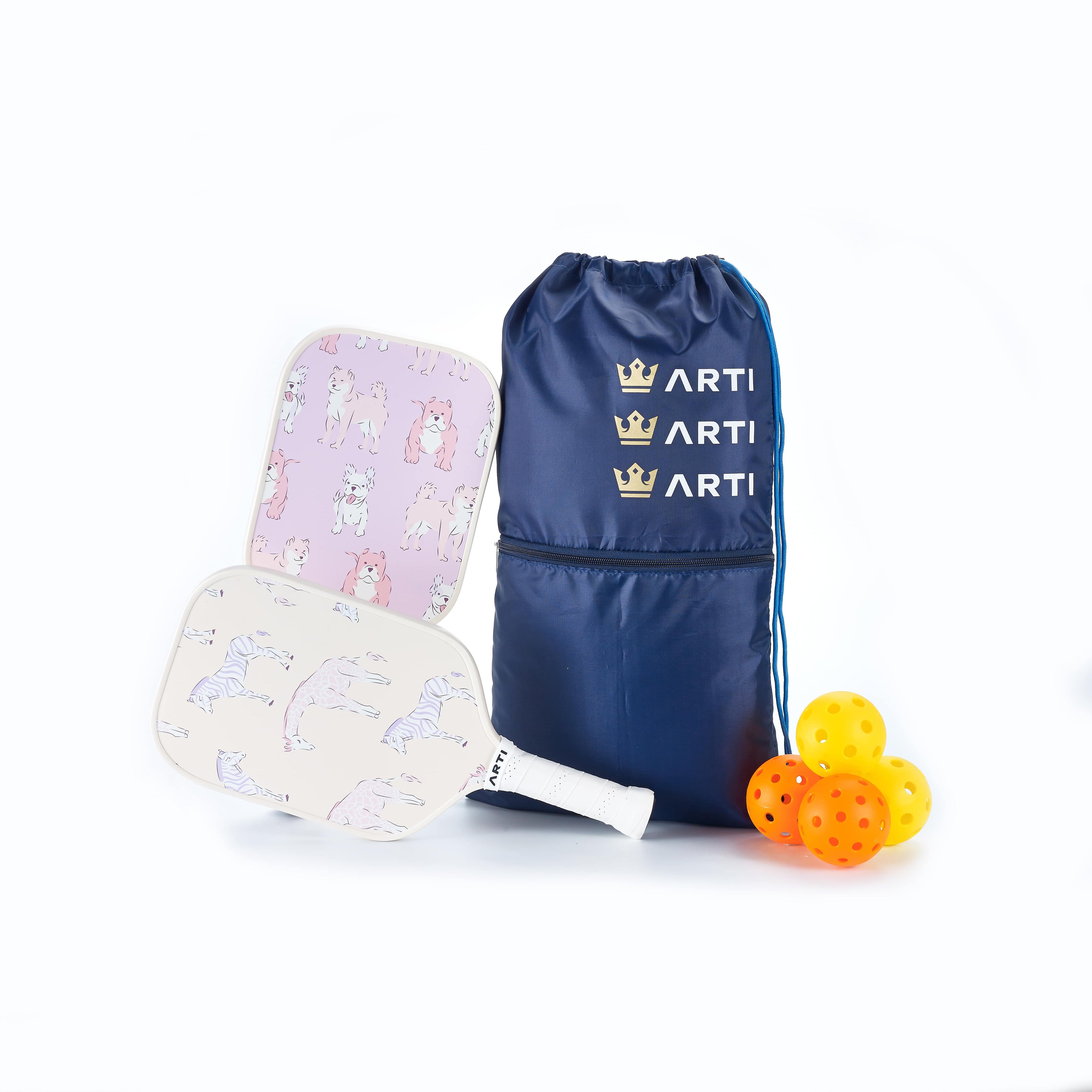 ARTI Pickleball | Fiberglass "Dogs & Giraffes" Paddle Set - USAPA Approved, 2 Paddles, 4 Balls & Carry Bag