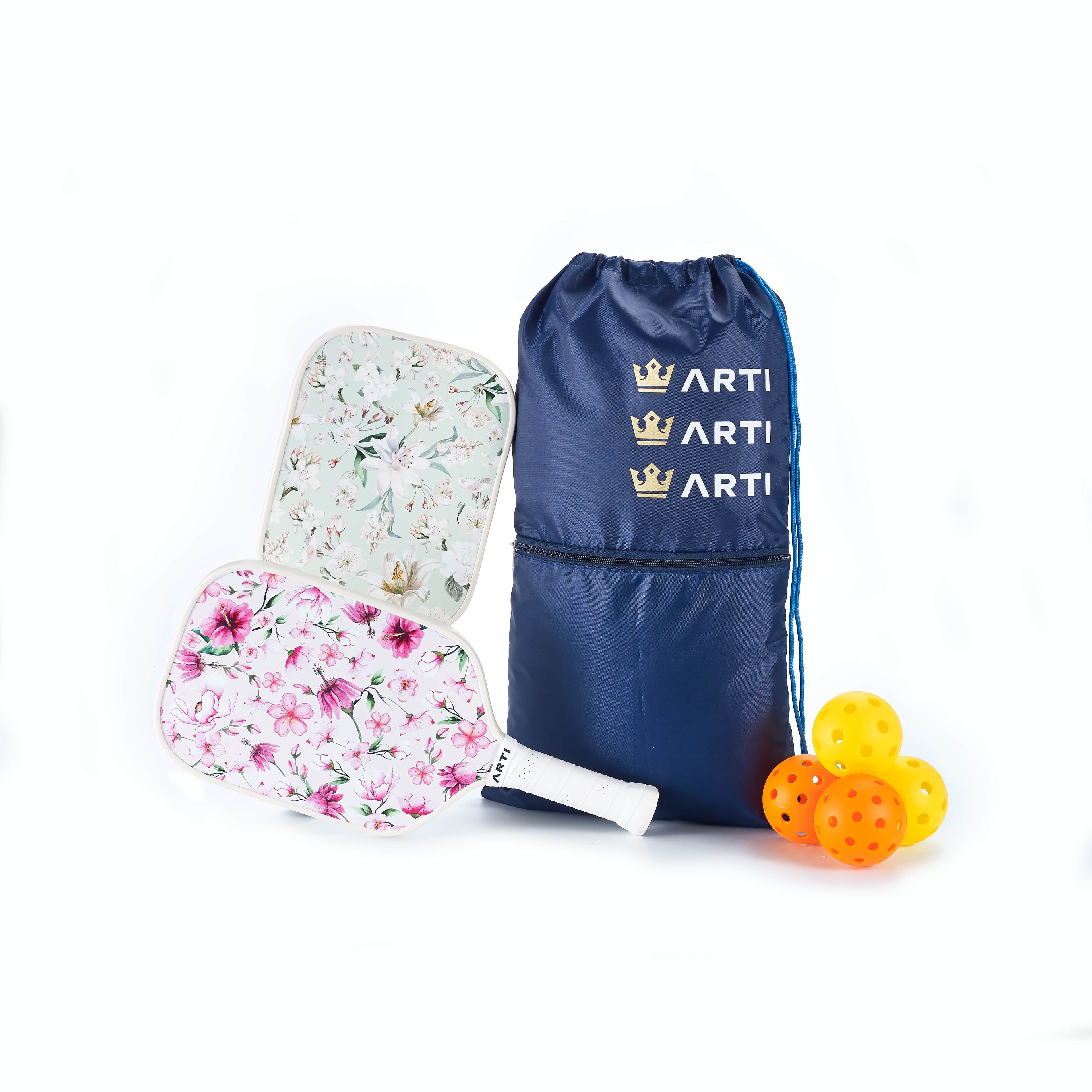 ARTI Pickleball | Fiberglass "Flowers" Paddle Set - USAPA Approved, 2 Paddles, 4 Balls & Carry Bag